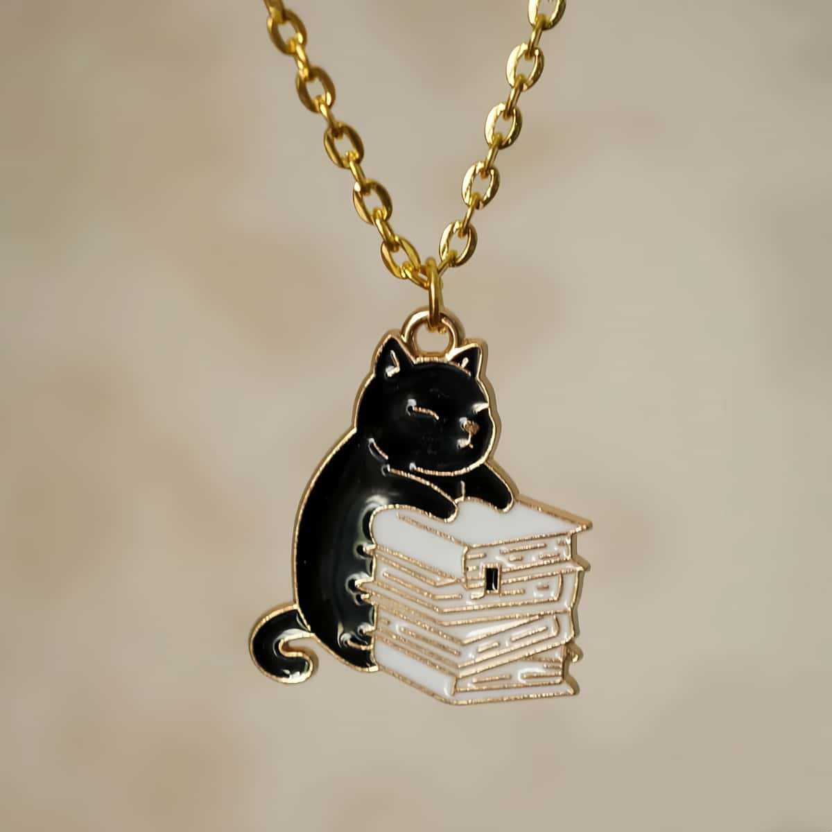 

New Cute Playful Black Cat Book Dangle Earrings Necklace Set for Women Gold Color Creative Animal Jewelry Sets Accessories Gifts
