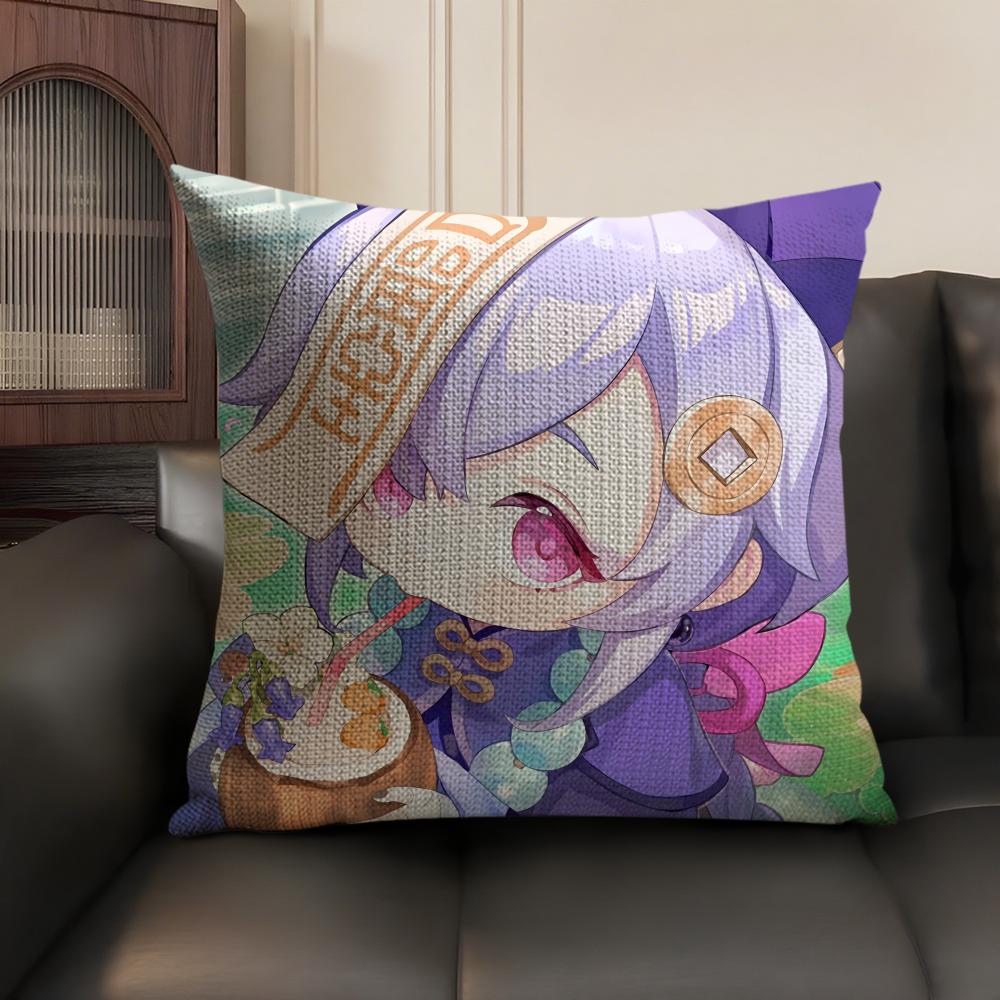 Qiqi Cute Genshin Impact Cushion Cover Natural Linen Organic Fabric DoubleSided Printing Sofa Home Decor Gift Pillow Case