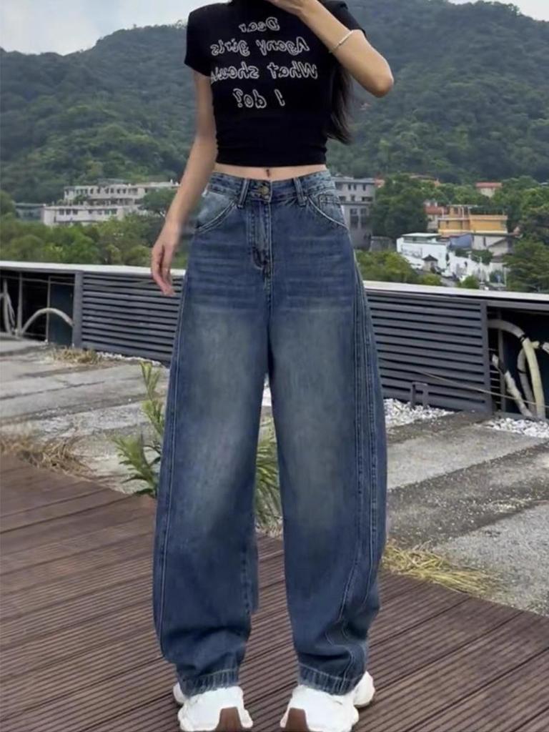 2025 Plus Size American Style Wide-Leg Jeans for Women - Slimming Straight Cut Long Pants, Autumn/Winter Collection.