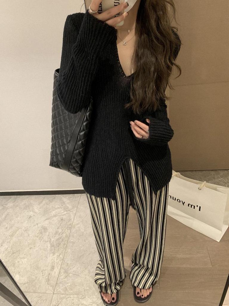 Plus Size Women's Vertical Stripe High Waist Slimming Casual Floor-Length Summer Pants