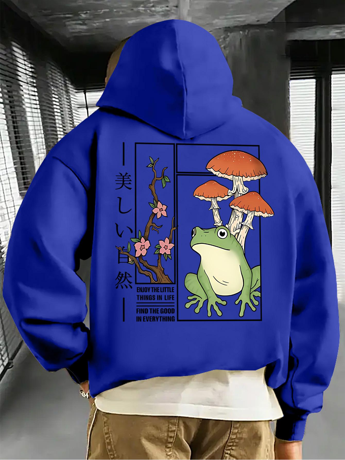 Japanischer Ukiyo-e Stil Frosch Pilz Kirschblüte Rückendruck Herren Hip Hop Sport Hoodie Natürlicher Vintage Street Lockerer Pullover Sweatshirt M gold