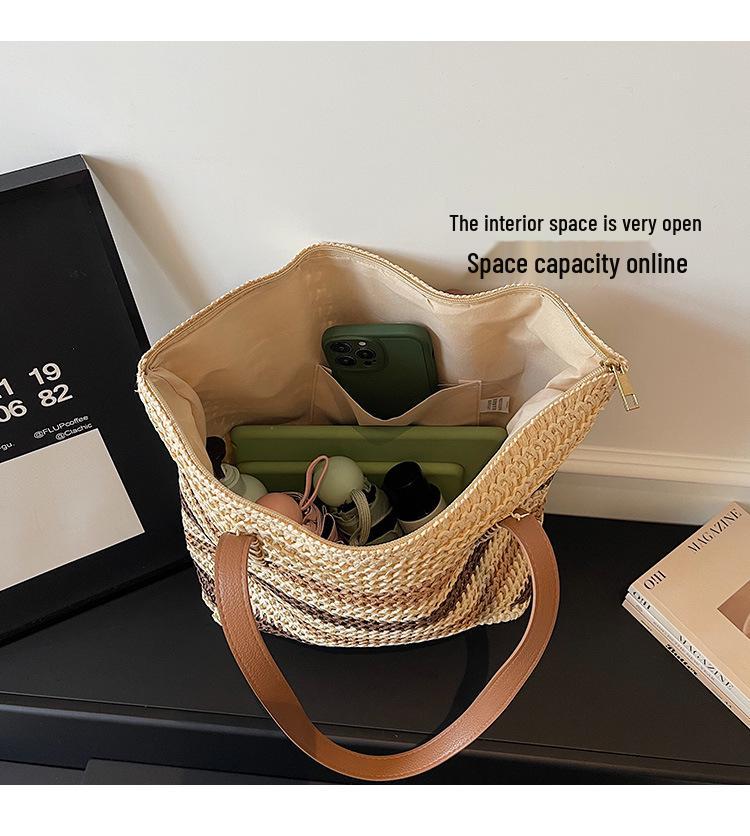 Bolsa de Palha Tecida com Listras Arco-Íris Feminina - 2026 Bolsa de Ombro de Grande Capacidade para Férias na Praia e Deslocamento