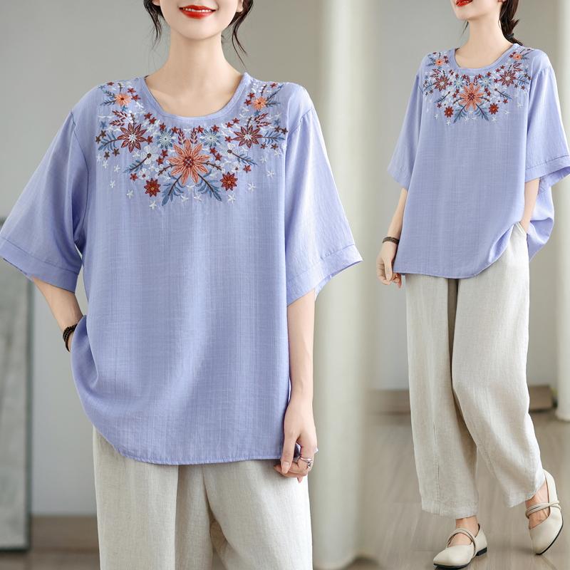 

Dimanaf Летняя футболка больших размеров 2025 винтажная женская с коротким рукавом, цветочным принтом, короткая, свободная, топы, футболки One Size фиолетовый