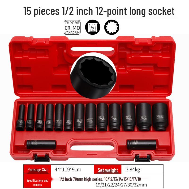 15-Piece 1/2 Extended Hex Impact Socket Set for Auto Repair