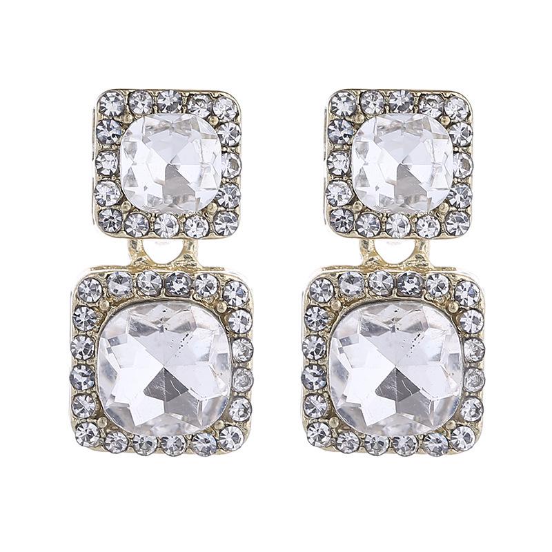 Elegant 3D Square Stud Earrings with Imitation Diamonds - Dangle Design for a Sophisticated Look