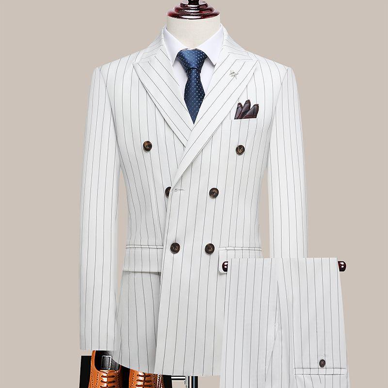 New Men's Slim Fit Double-Breasted British Stripe Suit - Perfect for Weddings & Groom Attire