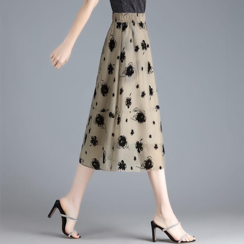 Sommer organza midiskjørt for kvinner Nytt stilig trykt stort svingeskjørt Høyt midje hengende garnskjørt