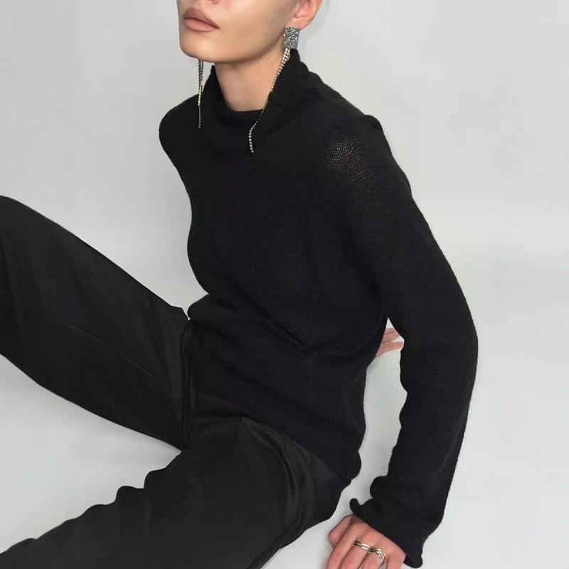 Womens Oversized Knit Sweater Loose Fit Long Sleeve Cropped Top Soft Mohair Blend Streetwear 2025