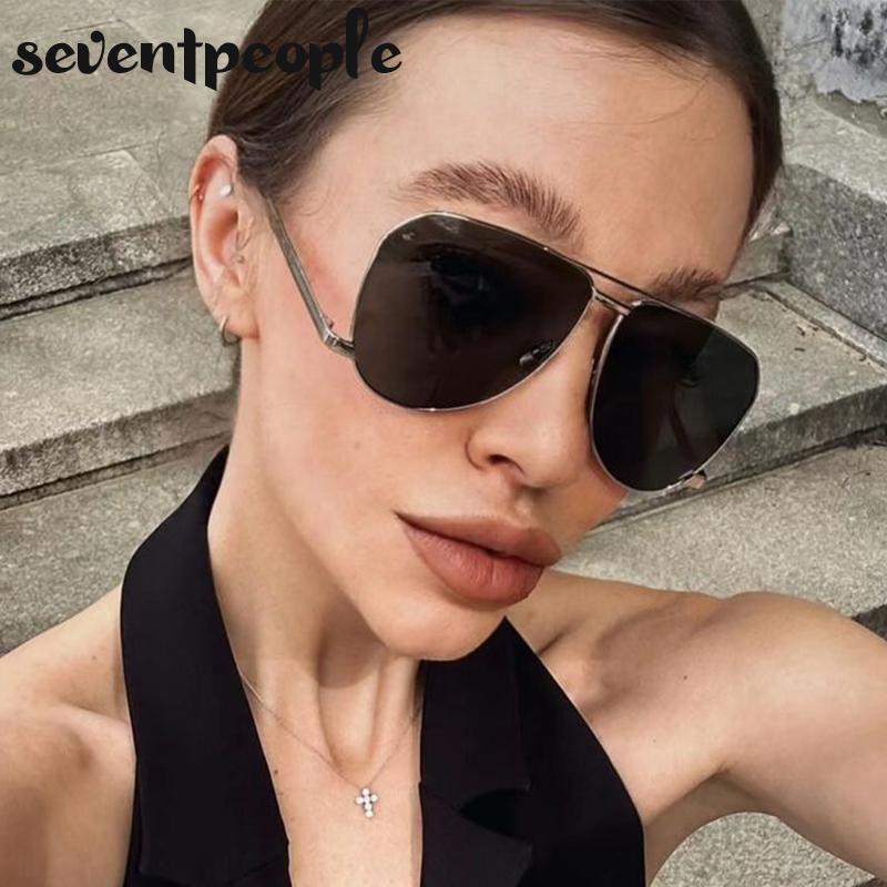 Oversized Double Beam Oval Sunglasses Women Men  Luxury Brand Trendy Metal Frame Shades Eyewear For Ladies Classic Eyewear