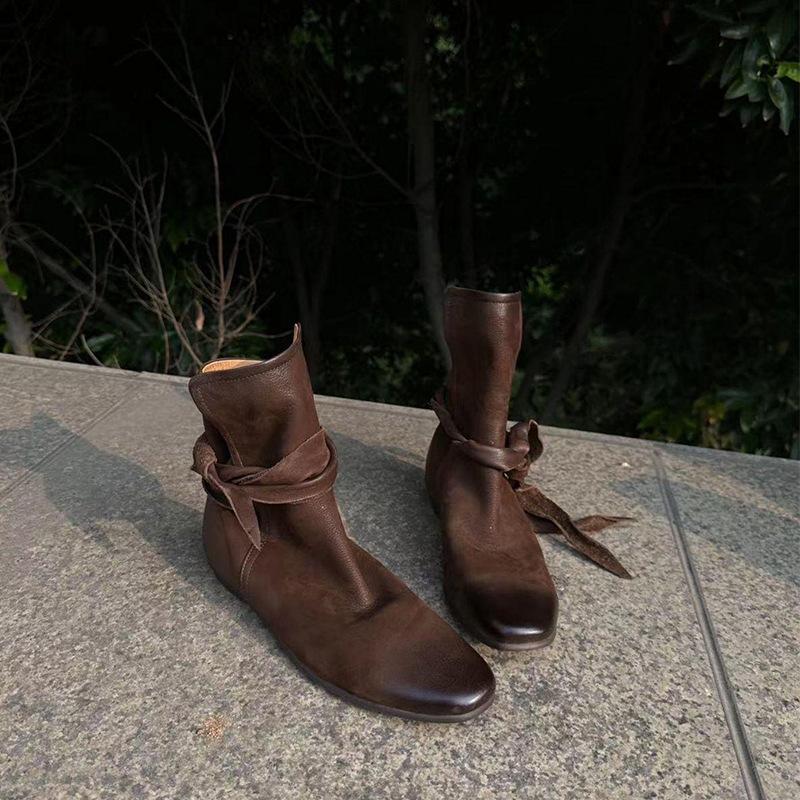 Cowhide version niche minimalist comfortable leather boots martin boots women's retro old round head bow wrap belt short boots
