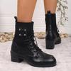 Vintage Metal Rivet Decoration Lace Up Ankle Boots Women 2025 Winter Round Toe Medium Heel Elastic Boots Elegant Solid Pu Shoes
