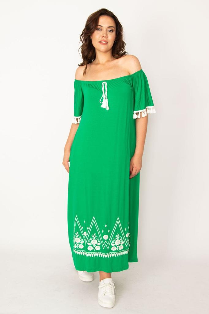 Women's Big Size Dress Plus Size Green Karmen Collar Long Dress with Embroidery and Tassel Detail