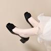 Women's Shoes Shallow Mouth Simple Square Head Cover Feet High Heels Thick Heel Middle Heel Round Buckle Women's Single Shoes Women's Work Shoes