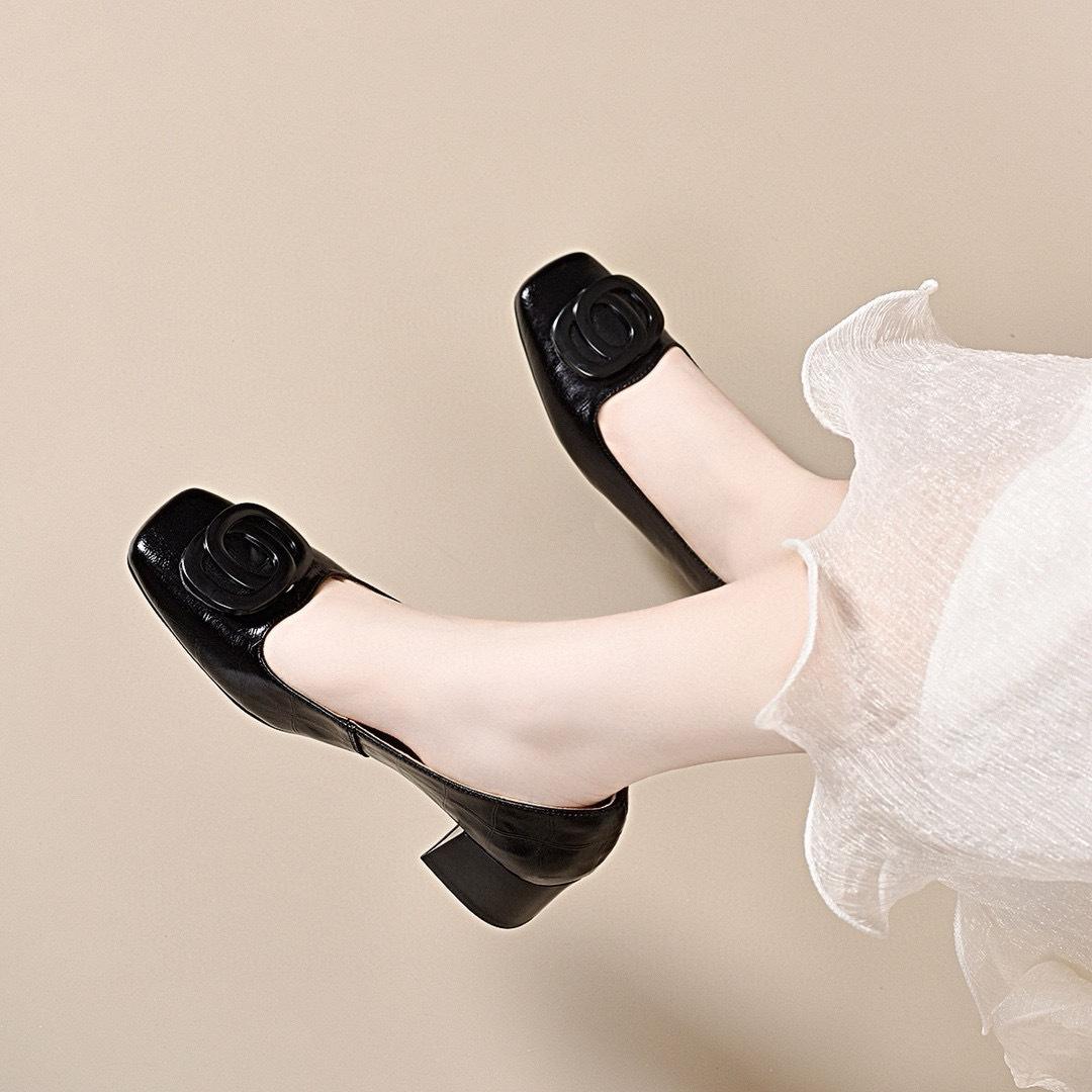 

Весна 2025 женская обувь мелкий вырез простой квадратный носок манжета высокие каблуки толстый каблук средний каблук круглая пряжка женские туфли-лодочки женская рабочая обувь 34 чёрный