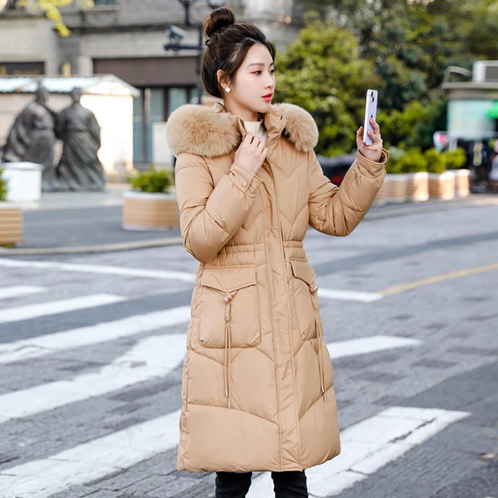 Large Fur Collar Cotton-padded Clothes for Women's Medium and Long Styles, Winter New Fashionable Slim-fitting Cotton Clothes Over the Knee