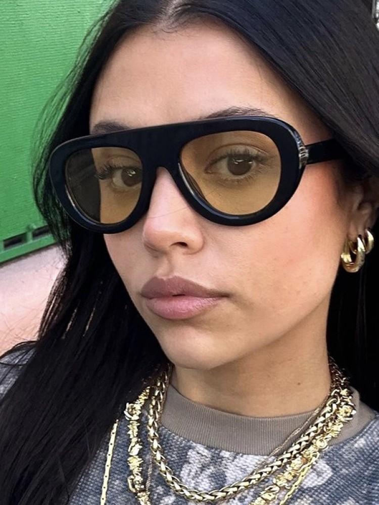 Retro Round Sunglasses For Women Men Vintage Oversized Pilot Frame Tea Color Lens Uv400 Luxury Brand Trend Unisex Shades