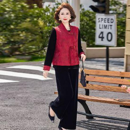 

Women s Retro Jacquard Frog Button Vest Set - Chinese Style Spring & Autumn Collection for Middle-Aged & Elderly 2XL красный