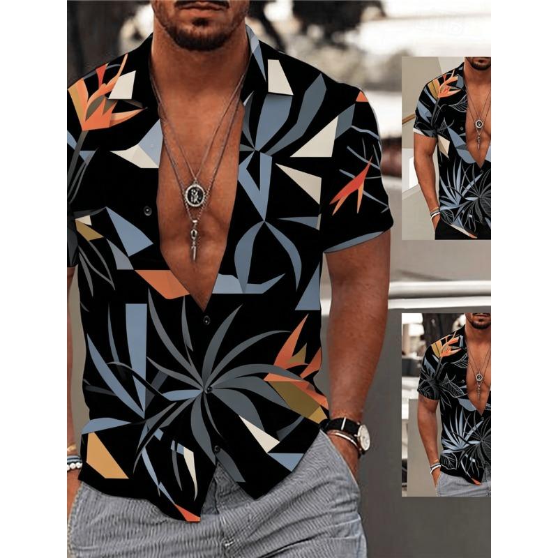 Men's Gradient Tropical Palm Leaf Print Short Sleeve Shirt, Casual Hawaiian Button Up Shirt for Spring Summer