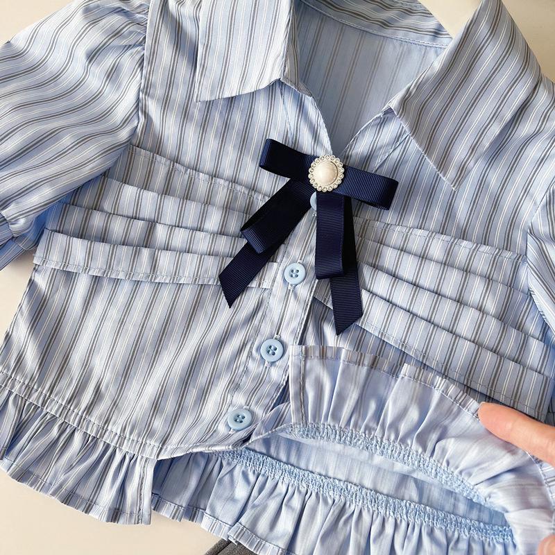 Girls' Striped Puff Sleeve Top & Elastic Waist Skirt Pants Set