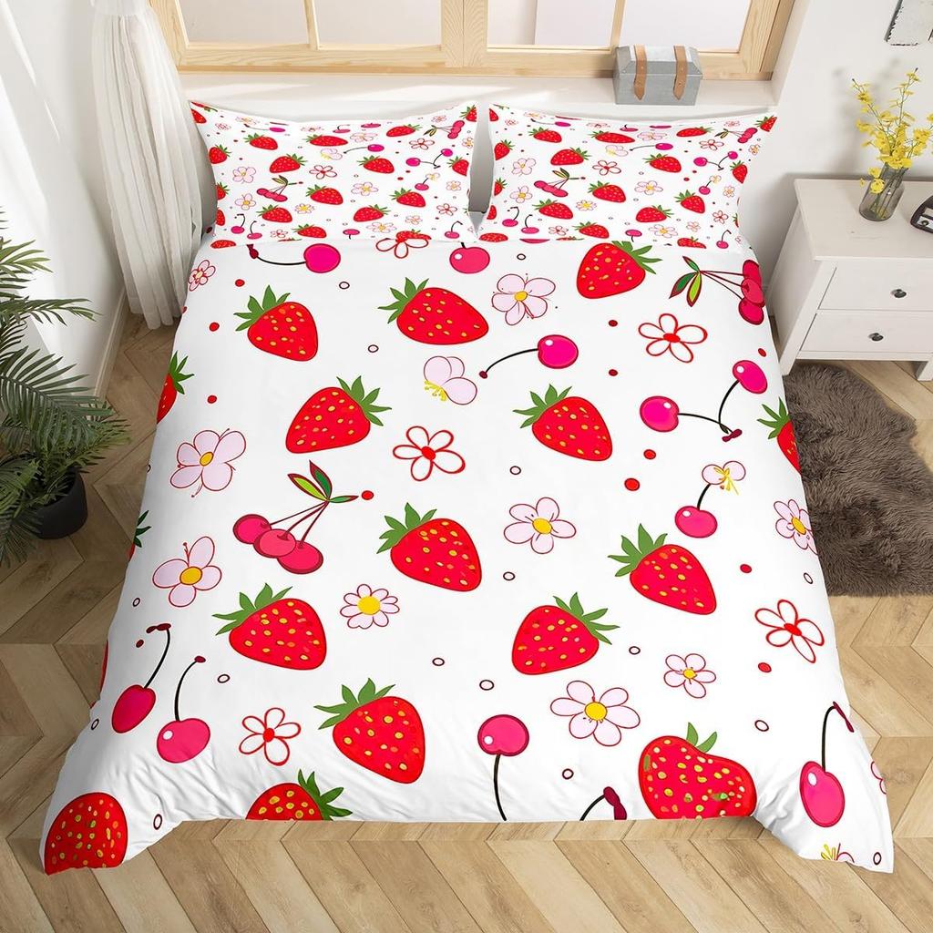 Strawbery Soft Duvet Cover Kawai Strawbery Beding Set for Children Kids Young Boys Young Girls Lovely Swet Fruits Theme Warm Comforter Cover Twin Quen