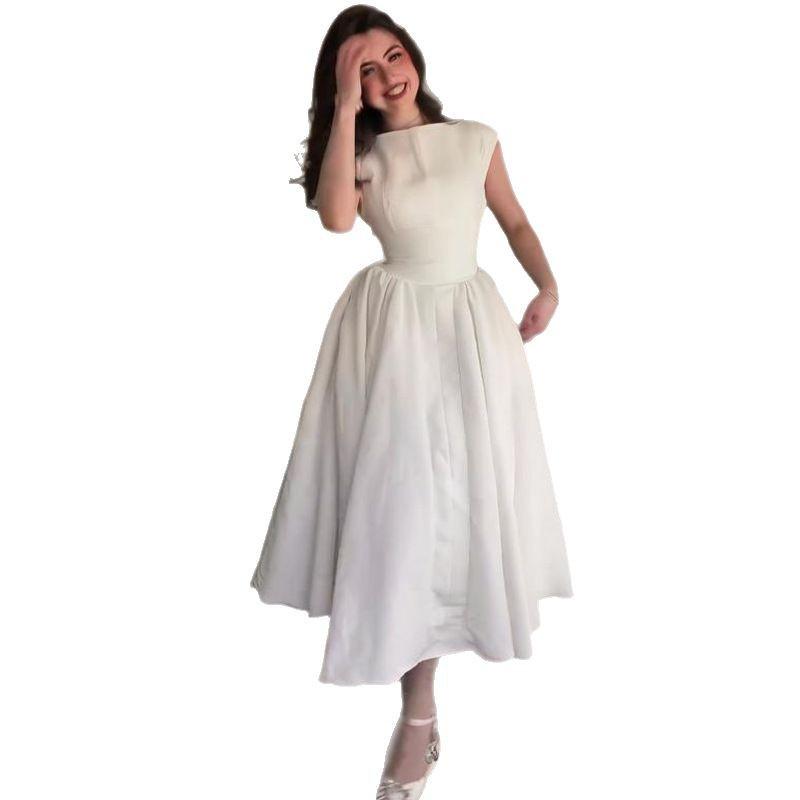 Vestido Midi Adelgazante de Verano 2025 para Mujer Europea y Americana, Cuello Redondo, Sin Mangas