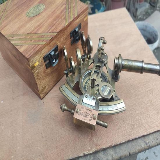 Brass Sextant Compass with Wooden Box Nautical Maritime Navigation Instrument Handcrafted Sailor