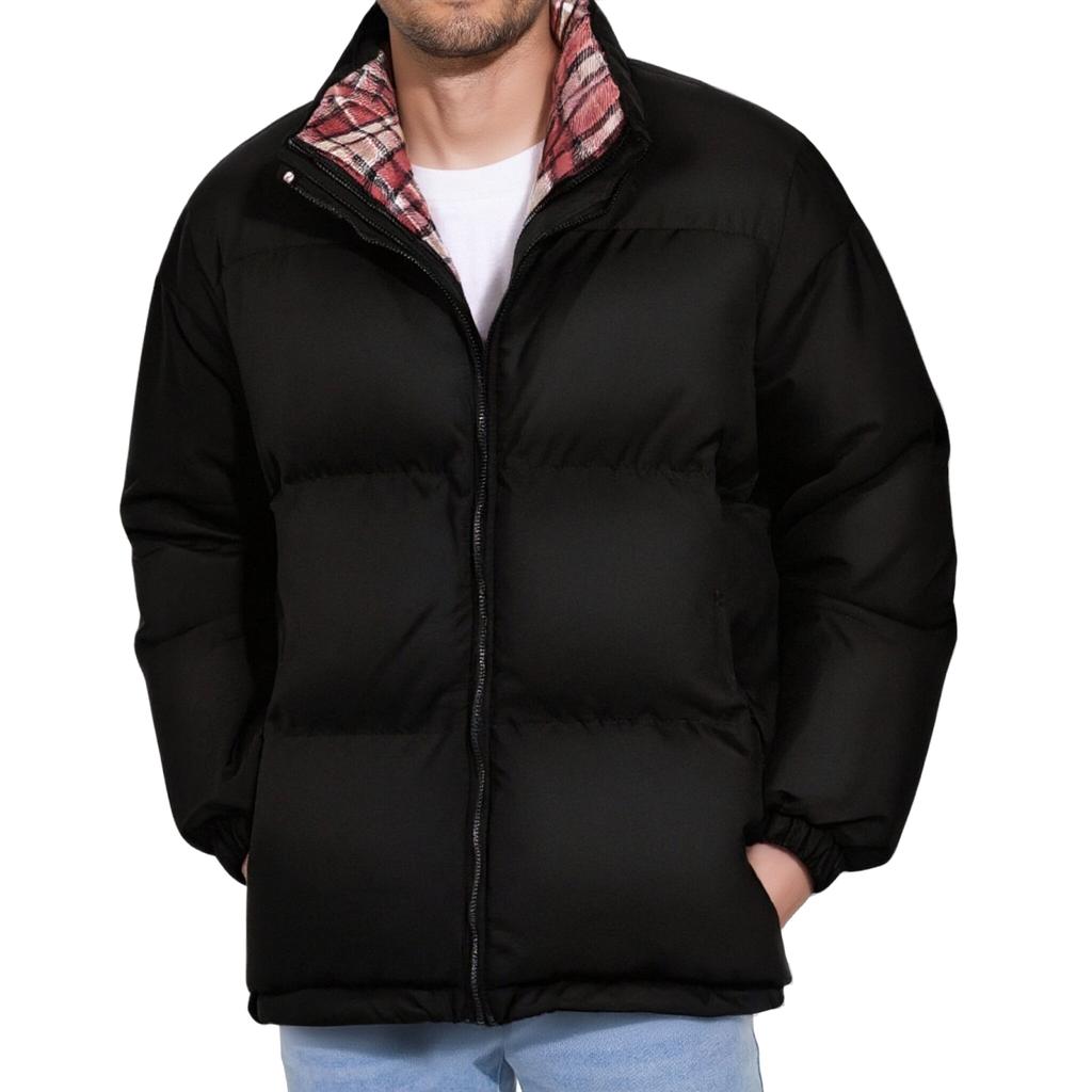 Herr- och damjacka i avslappnad färgmatchad rutig inner- och ytterdesign med ståkrage, herrarnas lösa och tjocka bomullsvadderade jacka