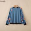 ZANZEA Women Casual Round Neck Floral Splice Long Sleeve Pullover Tops