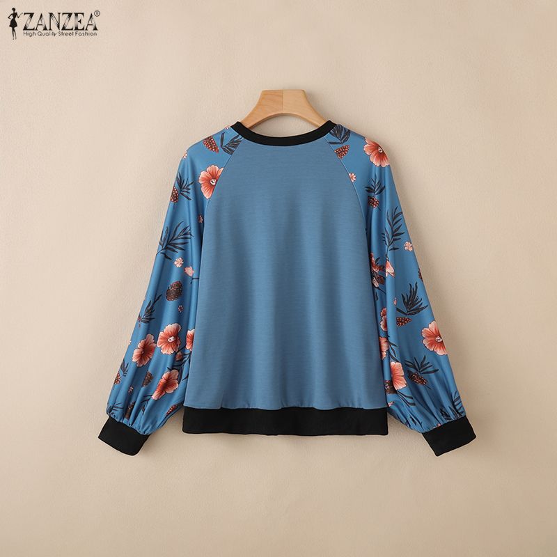 ZANZEA Women Casual Round Neck Floral Splice Long Sleeve Pullover Tops