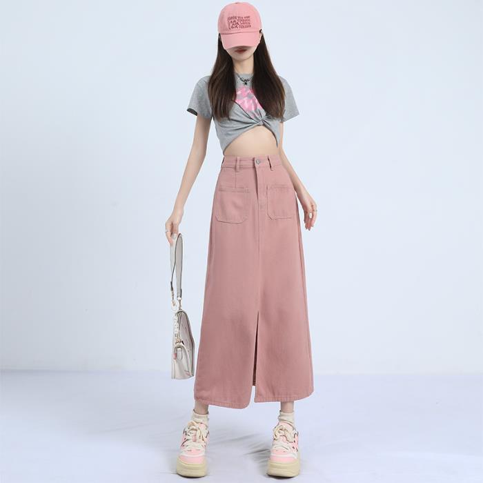 

Юбка из денима, женская летняя новая универсальная тонкая юбка с высокой талией и двумя карманами XXL