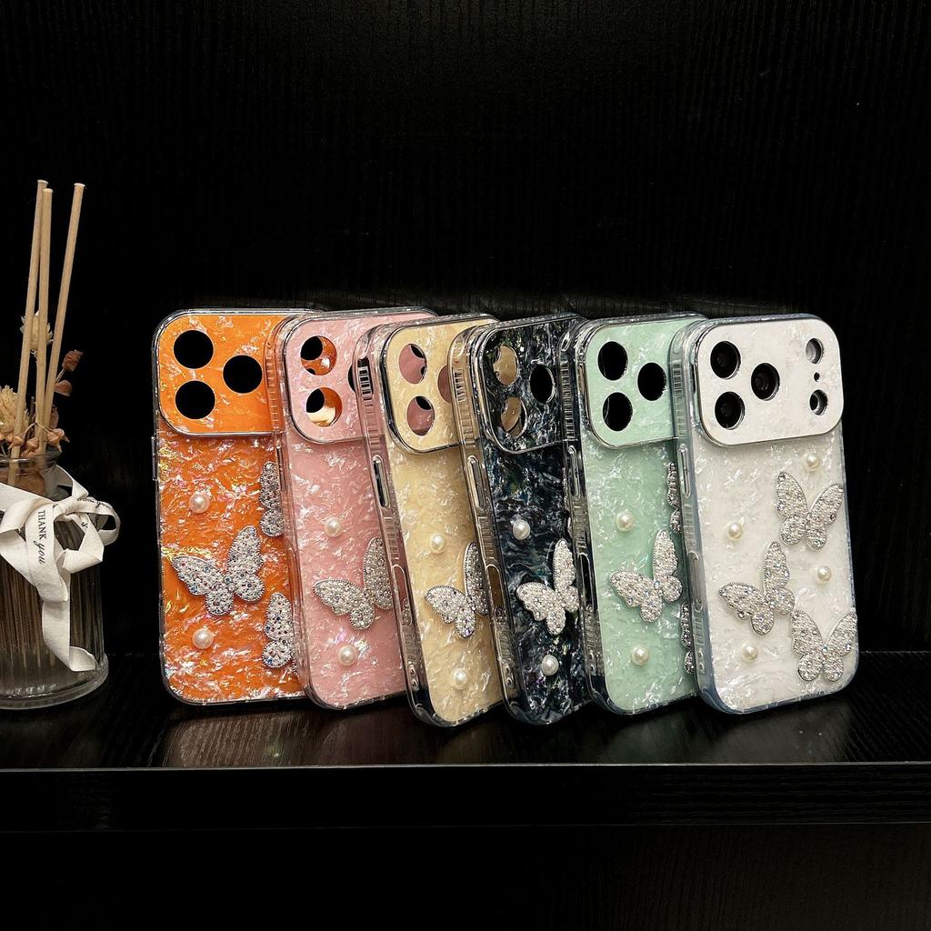 Hoesje voor iPhone 17 16 15 14 13 Pro Max Doe-het-zelf Parel Vlinder beschermhoes volledige dekking Schokbestendig Anti-vingerafdruk