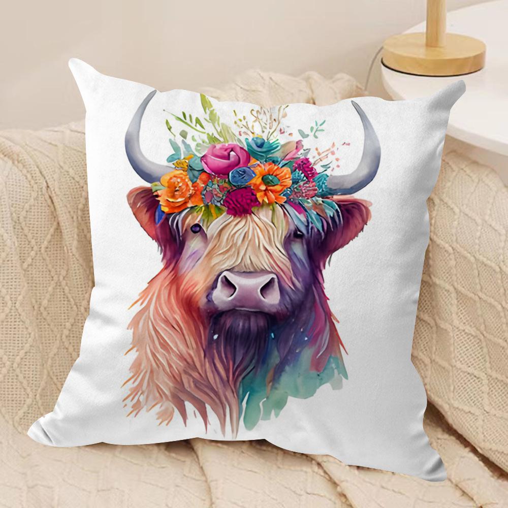 Capa de Almofada Vaca das Terras Altas e Flor Tecido de Pelúcia Macio Capas de Almofada Impressas em Ambos os Lados para Todas as Estações Decoração de Casa