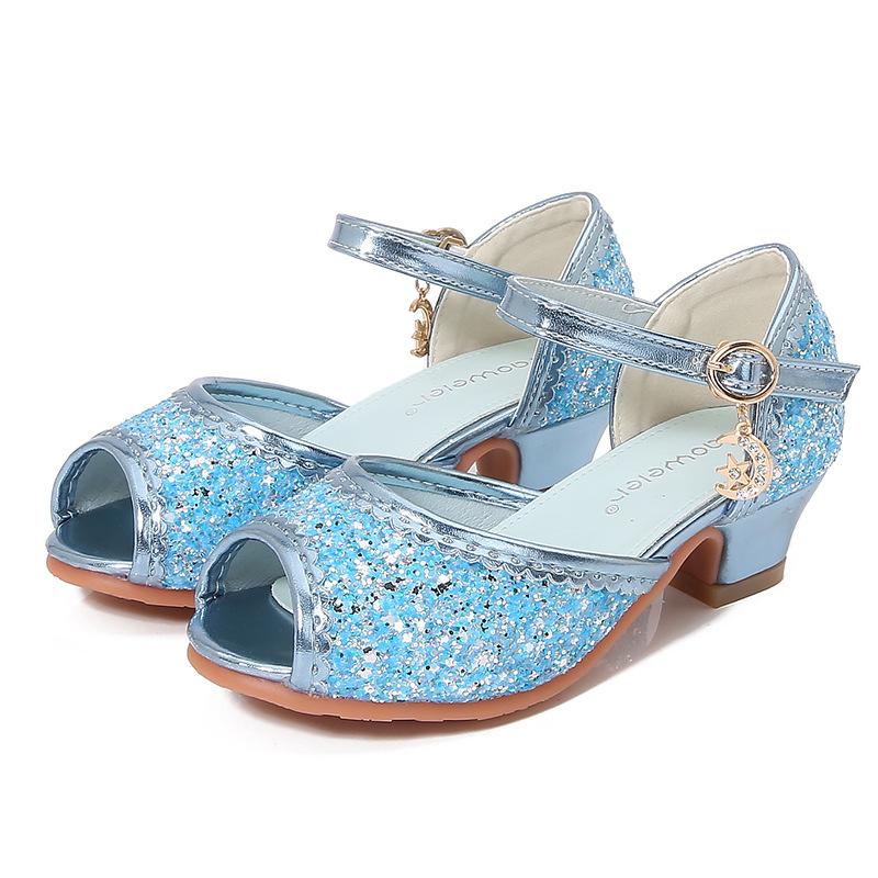 Girls Sandals Children's High Heel Princess Shoes Summer Little Girl Sequined Crystal Shoes Elsa Fashion Mary Jane Classmate