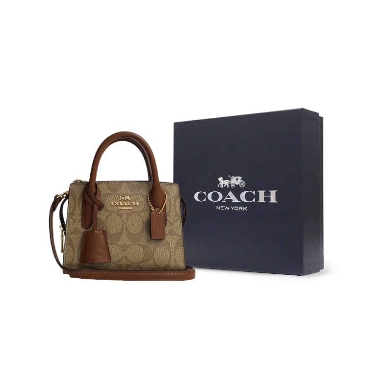 Coach Andrea Coated Canvas With Smooth Leather Tote Bag, Shopping Bag, Handbag Mini Women's Khaki CO975-IME74