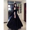 Wind One-word Shoulder Short-sleeved Dress Women's Summer New Temperament Waist Black Long Skirt