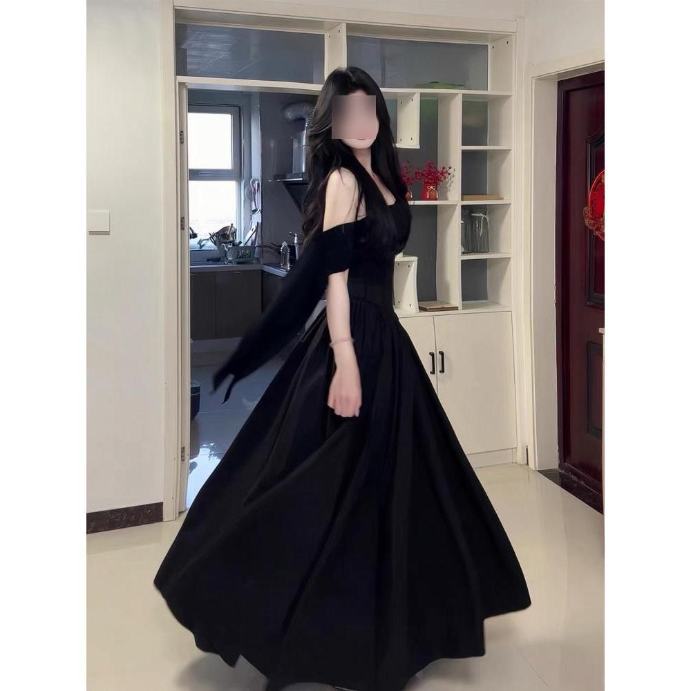 Wind One-word Shoulder Short-sleeved Dress Women's Summer New Temperament Waist Black Long Skirt