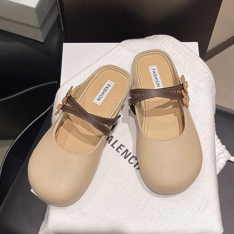 

Summer new bag head half slippers women wear sandals flat-bottomed flowers retro soft-soled Mary Jane shoes 40-41 (one size smaller)
