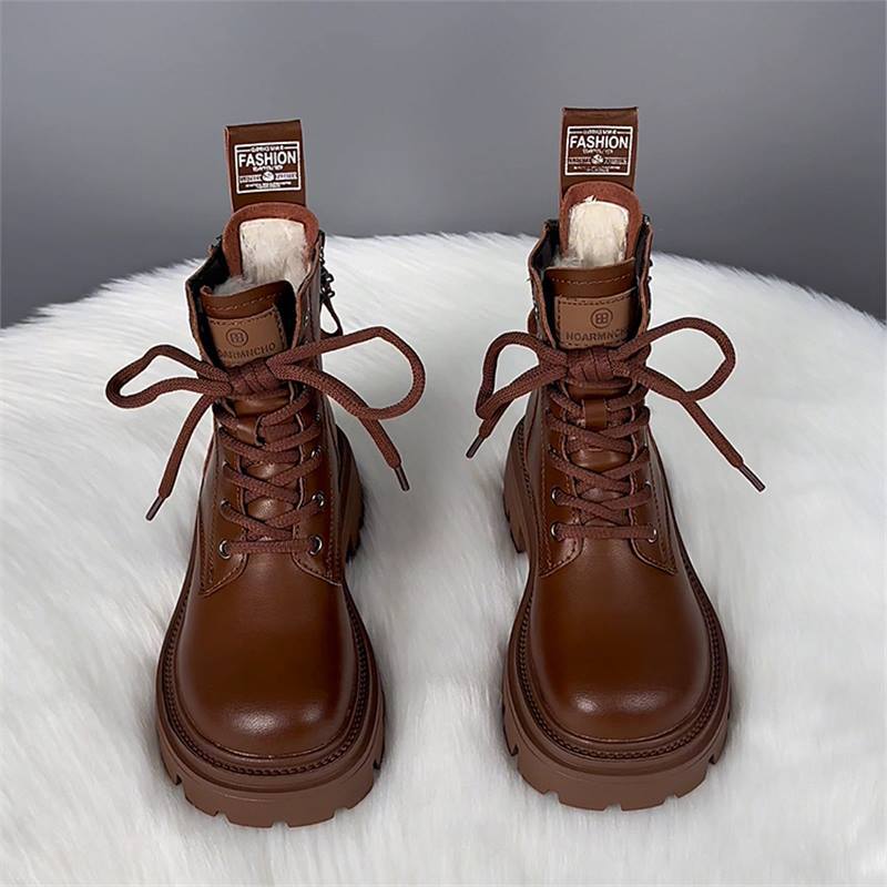 Leather thick-soled snow boots for women, fur integrated wool boots, large cotton shoes for women, winter velvet and thicker