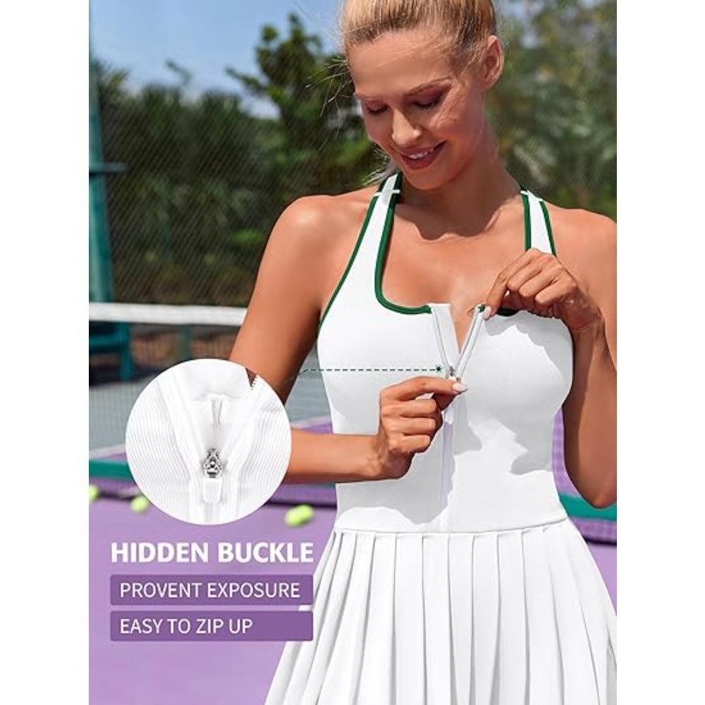 Charmleaks Damen Tennis Kleid mit integriertem BH und Shorts Reißverschluss vorne Plissiertes Sportkleid Nahtloses Golfkleid