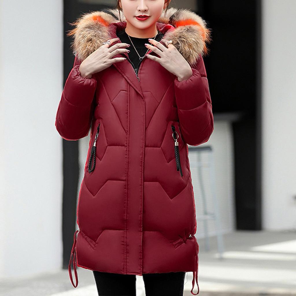 Women's Fashion Big Hair Collar Slim Waist Long Down Cotton Jacket Cotton Coat