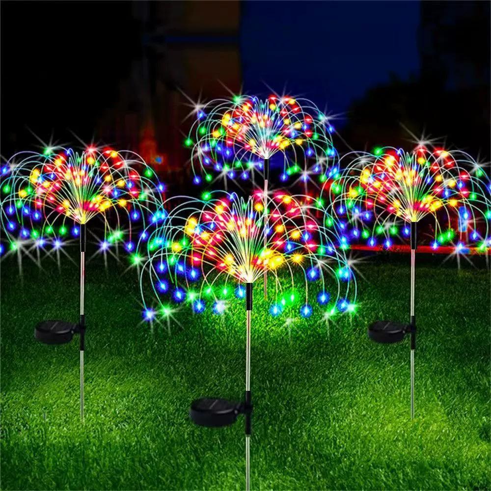 Solar Powered Firework Lights 60 LED Outdoor Garden Stake Lights with Eight Modes Waterproof Metal Frame for Yard Patio Lawn Decoration