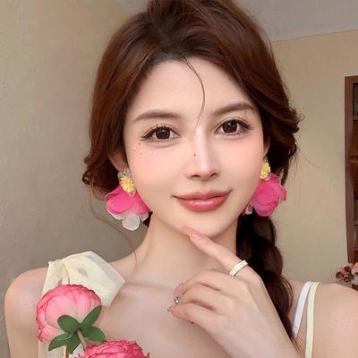 Summer Super Fairy Chiffon Flower Stud Earrings Women's Light Luxury Temperament High Sense Exaggerated Earrings New Popular Earrings