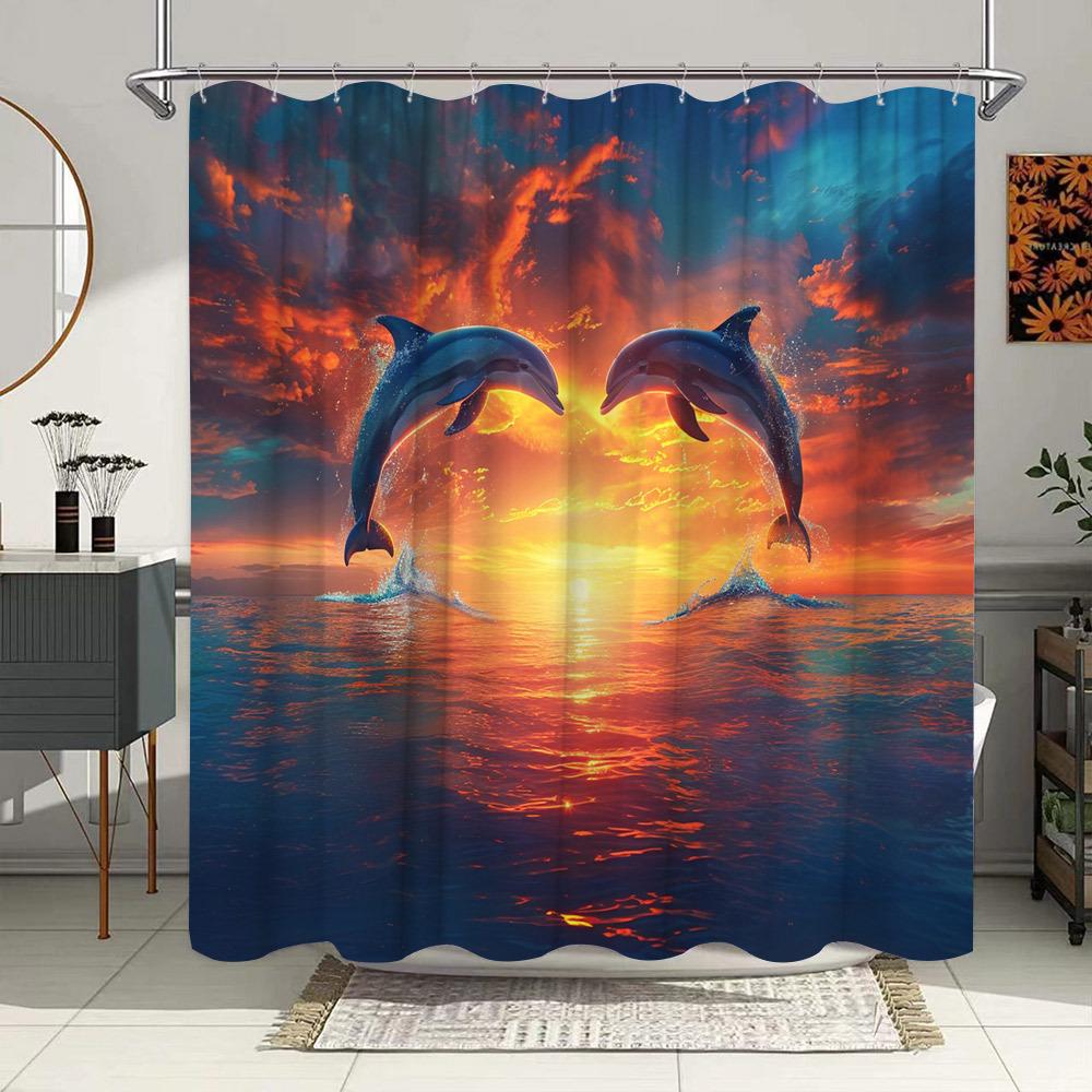 Sunset Dolphins Shower Curtain - Waterproof, Mildew-Resistant with Oceanic Design for Serene and Inspiring Bathroom Decor W90XH180cm