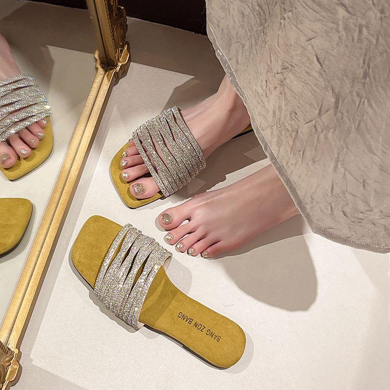 Fashion Shoes Open Toe Low Heel Sexy Women's Slippers and Ladies Sandals Rhenstone Slides New Style Small Size Unique Waterproof Korea