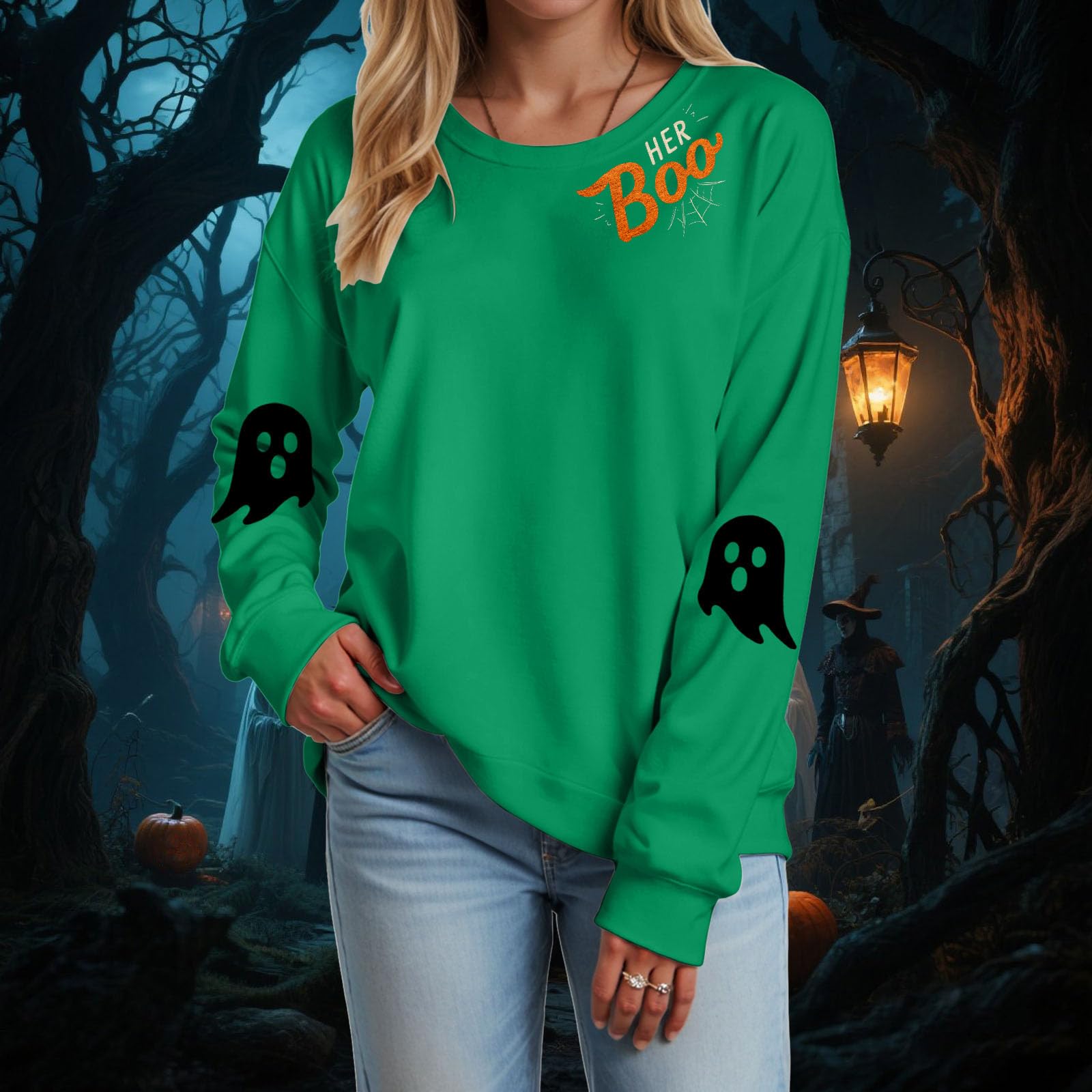 

Women s Fashion Casual Round Neck Long Sleeve Print T-shirt Top(Boo HER) M зелёный