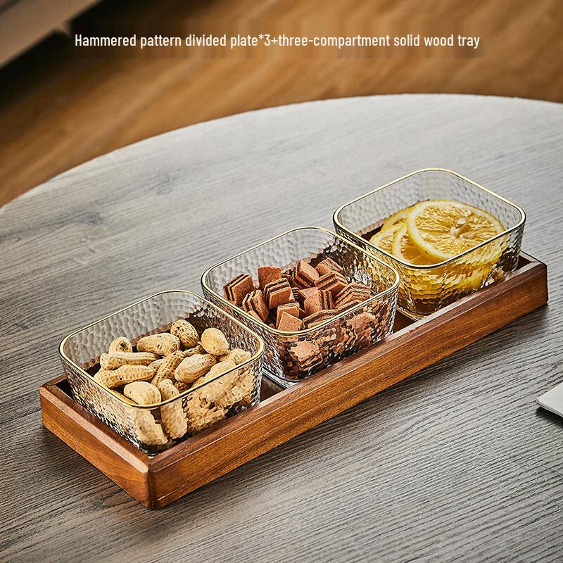 Elegant HX Walnut & Glass Divided Snack & Fruit Serving Tray