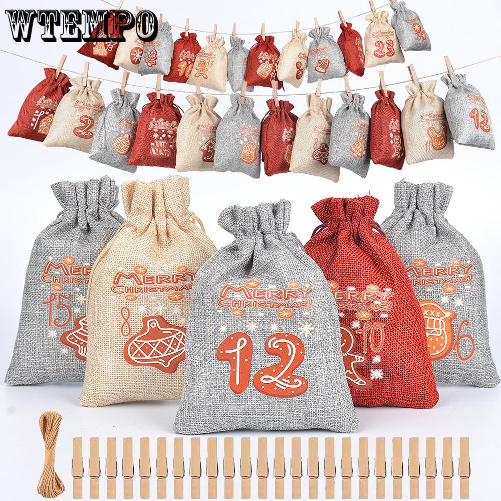 24pcs Countdown Drawstring Bag Linen Drawstring Bag Christmas Arrival Calendar Christmas Gift Bag 24-digit Cloth Bag