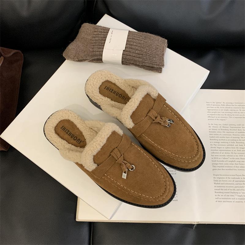 2025 autumn and winter new bag head thick heel fluffy shoes women wear warm and plush comfortable versatile slippers