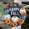 2D Flat, 1pc Vintage Happy Fall Round Sign - Pumpkin Floral Autumn Leaves Wall Decor with Navy Blue Background, Happy Fall Text - Rustic Farmhouse