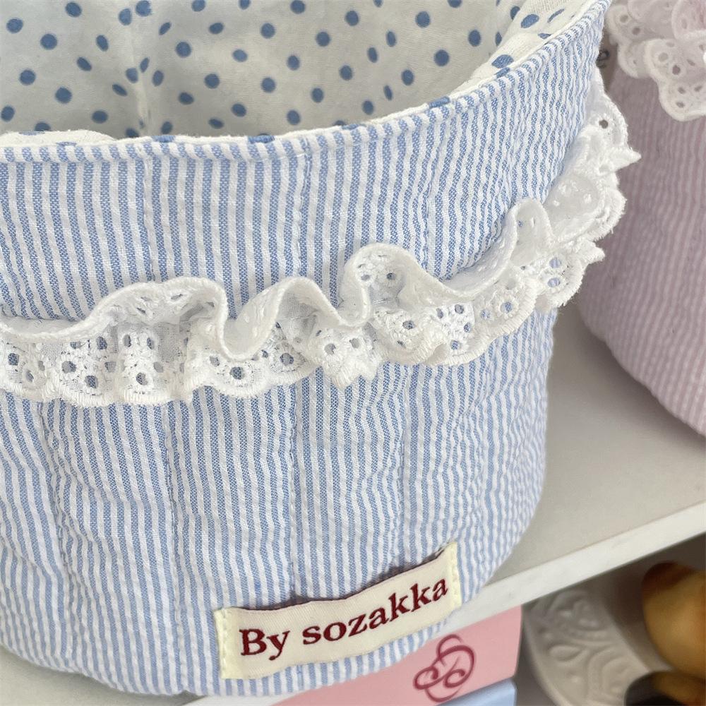 Korean Quilted Fabric Basket for Girls - Round Storage Organizer for Toys and Snacks.